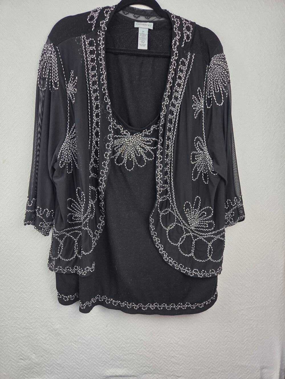 Catherines Women's Tunic Black Embroidered, 3/4 Sleeves, Size 3X, Boho